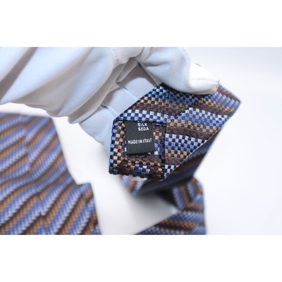 Isaia Napoli Men's Silk Tie Checkered Pattern Made In Italy Brown & Blue Luxury - Picture 3 of 6
